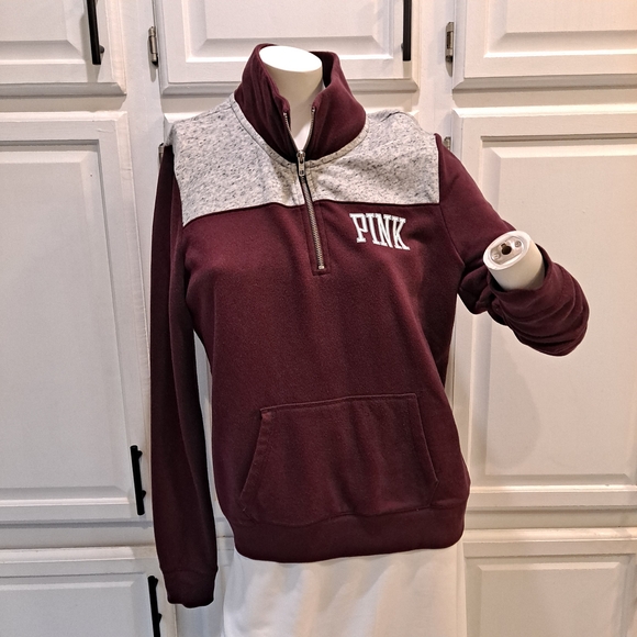 PINK Victoria's Secret Maroon & Gray Qtr Zip-Up Sweatshirt W/Kangaroo Pocket - Picture 8 of 8
